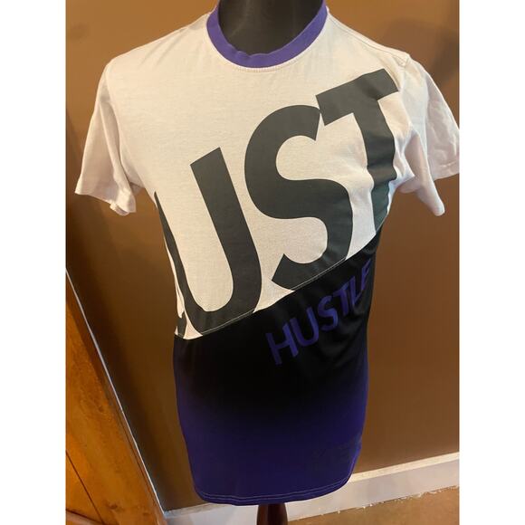 Men's Medium JUST HUSTLE Shirt Colorblock GUC Purple White Black - Picture 2 of 7